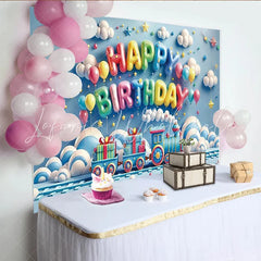 Lofaris Blue Cartoon Train Birthday Backdrop with Colorful Balloons and Gift Boxes Party Decor for Kids Photoshoot