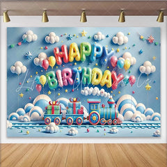Lofaris Blue Cartoon Train Birthday Backdrop with Colorful Balloons and Gift Boxes Party Decor for Kids Photoshoot