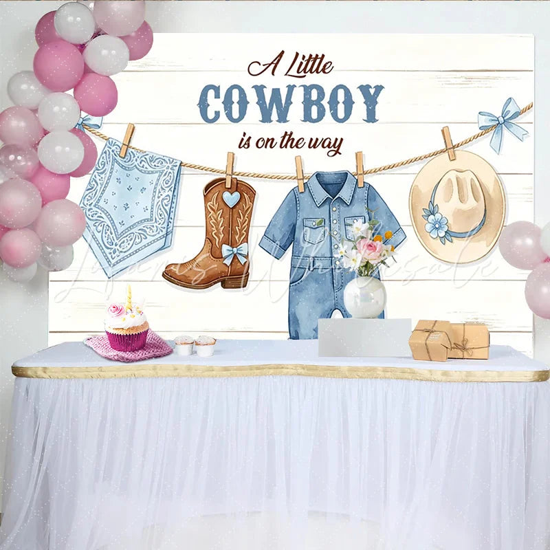 Lofaris Blue Cowboy Baby Shower Backdrop Little Cowboy Is On The Way White Wood Plank Photography Background with Baby Outfits