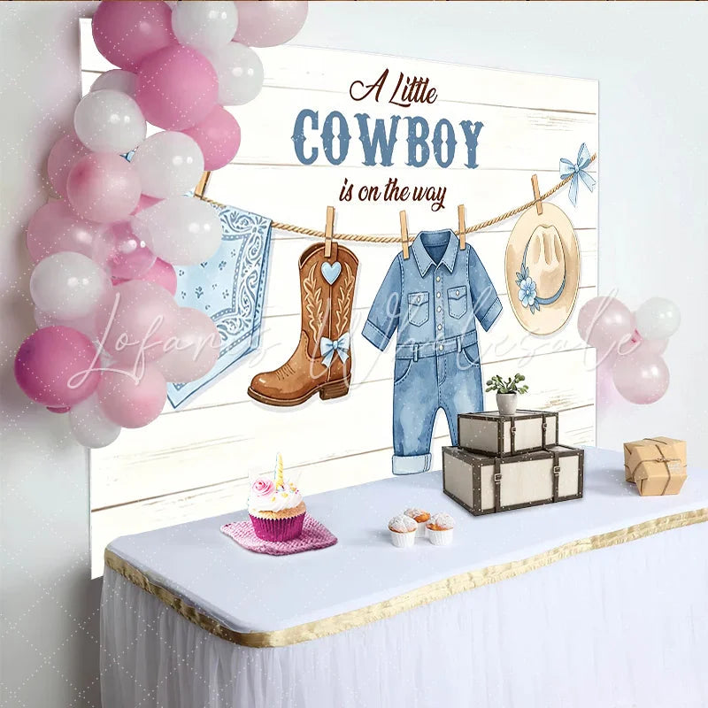 Lofaris Blue Cowboy Baby Shower Backdrop Little Cowboy Is On The Way White Wood Plank Photography Background with Baby Outfits