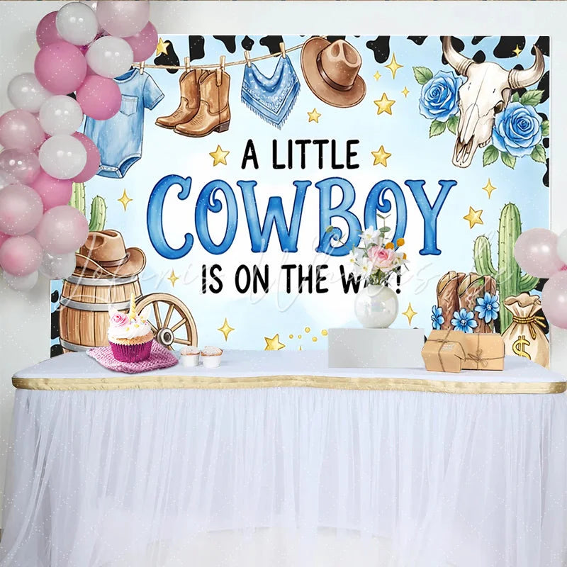 Lofaris Blue Cowboy Baby Shower Backdrop with Boots Hat and Cactus Western Theme Party Background for Boy Baby Shower Decorations