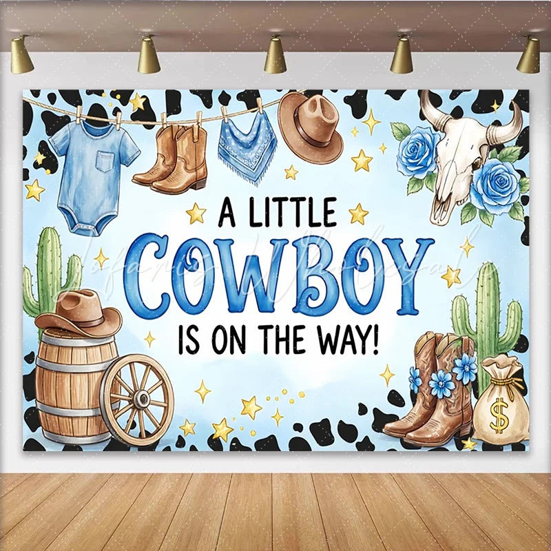 Lofaris Blue Cowboy Baby Shower Backdrop with Boots Hat and Cactus Western Theme Party Background for Boy Baby Shower Decorations