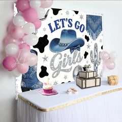Lofaris Blue Cowgirl Disco Birthday Backdrop Let’s Go Girls and Glitter Sparkling Boots Hat Cow Print Western Party Photo Booth Prop