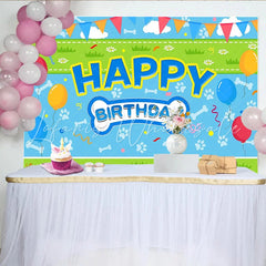 Lofaris Blue Dog Birthday Backdrop with Paw Prints and Bones Colorful Balloons Party Banner Decoration for Pet Celebration