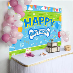 Lofaris Blue Dog Birthday Backdrop with Paw Prints and Bones Colorful Balloons Party Banner Decoration for Pet Celebration