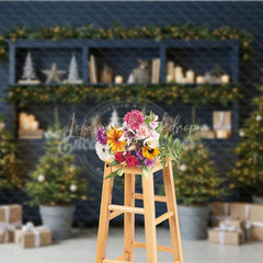 Lofaris Blue Farmhouse Hutch Christmas Photography Backdrop Neutral Holiday Decor with Trees Modern Rustic Background