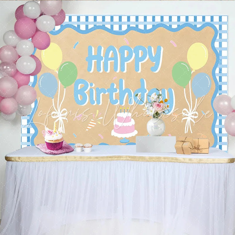 Lofaris Blue Gingham Happy Birthday Backdrop with Pastel Balloons and Cake Cute Party Decor for Kids Photoshoot and Celebration