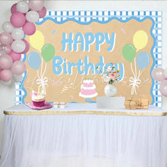 Lofaris Blue Gingham Happy Birthday Backdrop with Pastel Balloons and Cake Cute Party Decor for Kids Photoshoot and Celebration