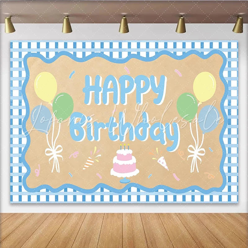 Lofaris Blue Gingham Happy Birthday Backdrop with Pastel Balloons and Cake Cute Party Decor for Kids Photoshoot and Celebration