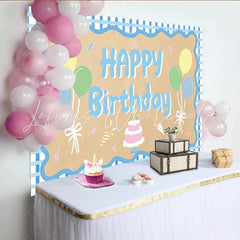 Lofaris Blue Gingham Happy Birthday Backdrop with Pastel Balloons and Cake Cute Party Decor for Kids Photoshoot and Celebration