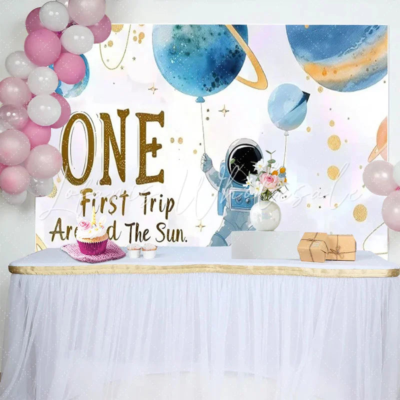 Lofaris Blue Gold Astronaut ONE First Trip Around The Sun Birthday Backdrop Outer Space First Birthday Party Decor