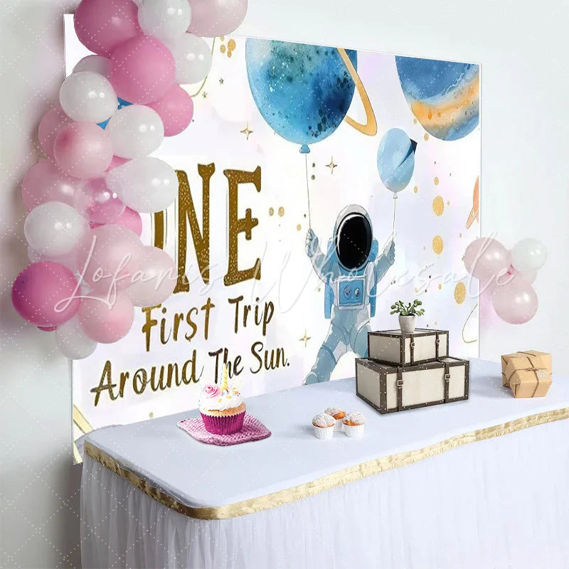 Lofaris Blue Gold Astronaut ONE First Trip Around The Sun Birthday Backdrop Outer Space First Birthday Party Decor