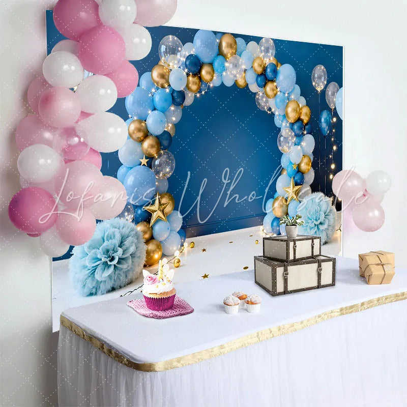 Lofaris Blue Gold Balloon Arch Birthday Cake Smash Backdrop Dark Blue Background Gold Stars String Lights Photography Party Decor