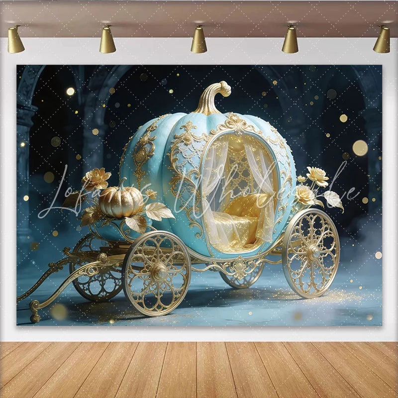 Lofaris Blue Gold Cinderella Pumpkin Carriage Photography Backdrop Elegant Fairytale Photo Booth Background for Princess Party