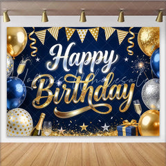 Lofaris Blue Gold Happy Birthday Backdrop with Balloons and Champagne Elegant Glitter Stars Photography Background for Party Decoration