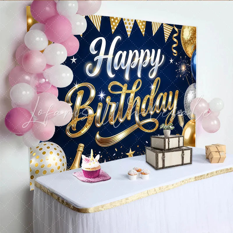 Lofaris Blue Gold Happy Birthday Backdrop with Balloons and Champagne Elegant Glitter Stars Photography Background for Party Decoration