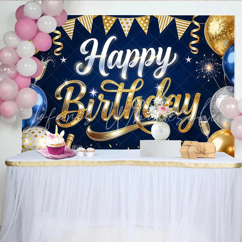 Lofaris Blue Gold Happy Birthday Backdrop with Balloons and Champagne Elegant Glitter Stars Photography Background for Party Decoration