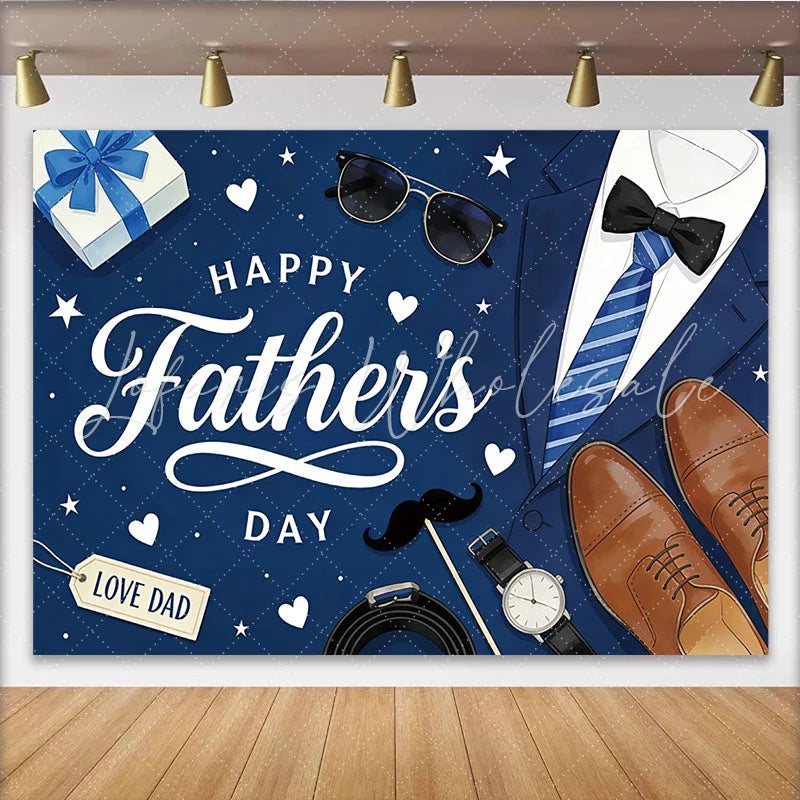 Lofaris Blue Happy Father’s Day Backdrop with Suit Tie and Gift Box Elegant Photography Background for Dad’s Celebration