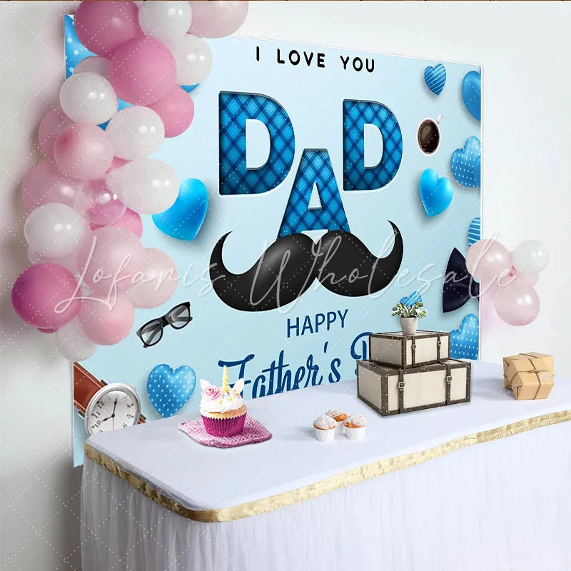 Lofaris Blue Hearts and Mustache Father’s Day Backdrop with I Love You Dad Text Happy Father’s Day Party Decor for Photo Booth Props