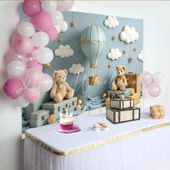Lofaris Blue Hot Air Balloon Baby Shower Backdrop with Clouds and Stars Cute Teddy Bear Photography Background for Newborn