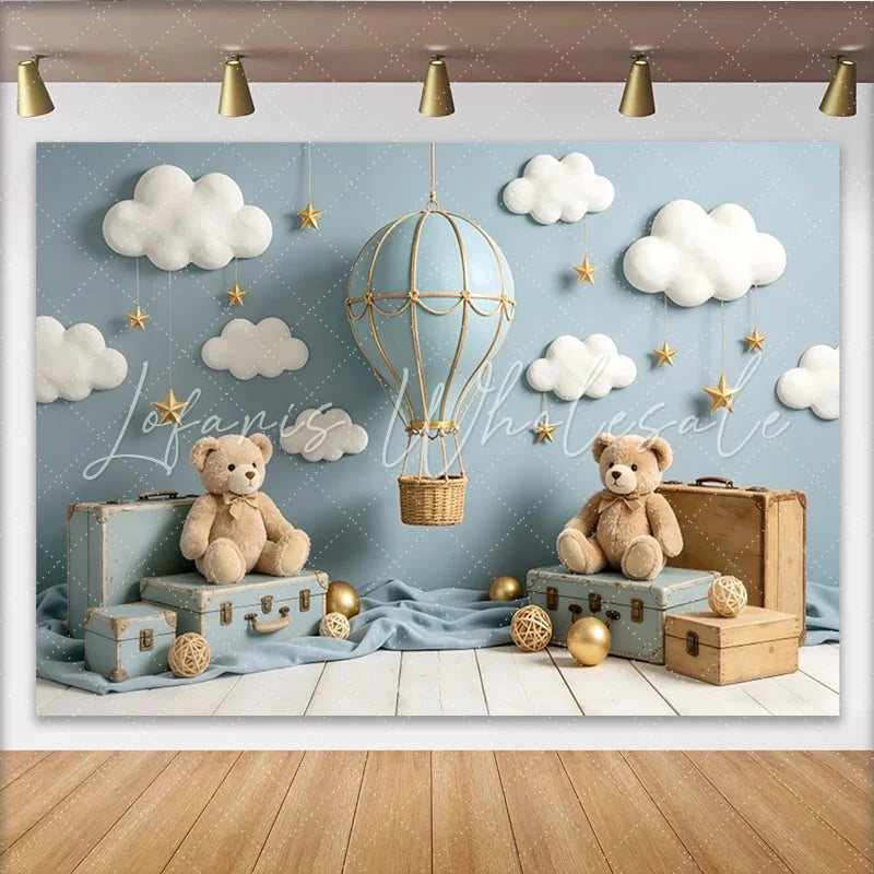 Lofaris Blue Hot Air Balloon Baby Shower Backdrop with Clouds and Stars Cute Teddy Bear Photography Background for Newborn