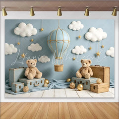Lofaris Blue Hot Air Balloon Baby Shower Backdrop with Clouds and Stars Cute Teddy Bear Photography Background for Newborn