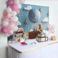 Lofaris Blue Hot Air Balloon Baby Shower Backdrop with Golden Stars and White Clouds Dreamy Photography Background for Newborns and Kids