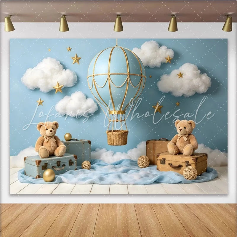 Lofaris Blue Hot Air Balloon Photography Backdrop for Baby Photoshoot Dreamy Cloud and Star Studio Background with Teddy Bears