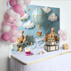 Lofaris Blue Hot Air Balloon Photography Backdrop for Baby Photoshoot Dreamy Cloud and Star Studio Background with Teddy Bears