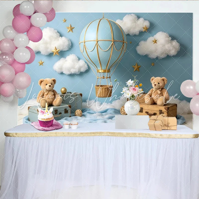 Lofaris Blue Hot Air Balloon Photography Backdrop for Baby Photoshoot Dreamy Cloud and Star Studio Background with Teddy Bears