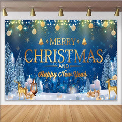 Lofaris Blue Merry Christmas and Happy New Year Backdrop Gold Ornaments String Lights Winter Night Background Holiday Party