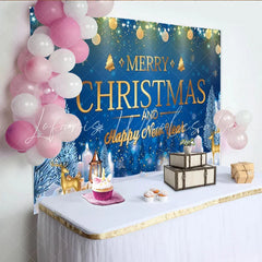 Lofaris Blue Merry Christmas and Happy New Year Backdrop Gold Ornaments String Lights Winter Night Background Holiday Party