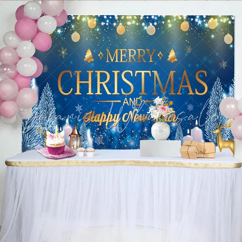 Lofaris Blue Merry Christmas and Happy New Year Backdrop Gold Ornaments String Lights Winter Night Background Holiday Party