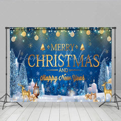 Lofaris Blue Merry Christmas and Happy New Year Backdrop Gold Ornaments String Lights Winter Night Background Holiday Party