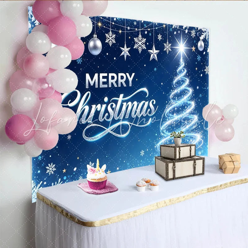 Lofaris Blue Merry Christmas Holiday Backdrop with Glowing Tree and Snowflakes Festive Winter Background for Party Decor