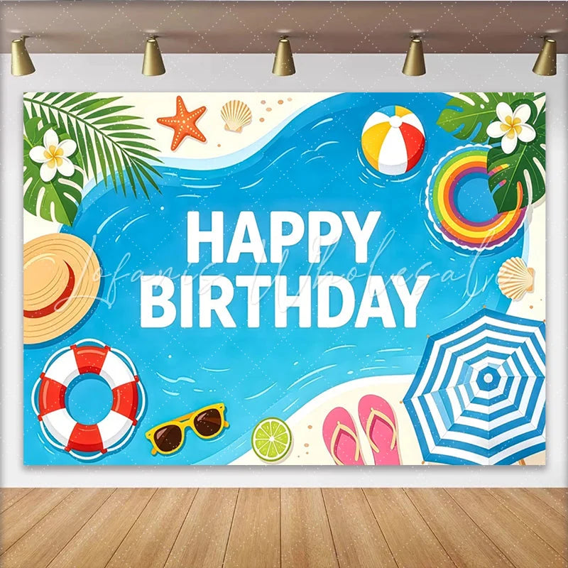 Lofaris Blue Ocean Beach Happy Birthday Backdrop with Palm Leaves and Starfish Summer Party Photography Background for Kids and Adults