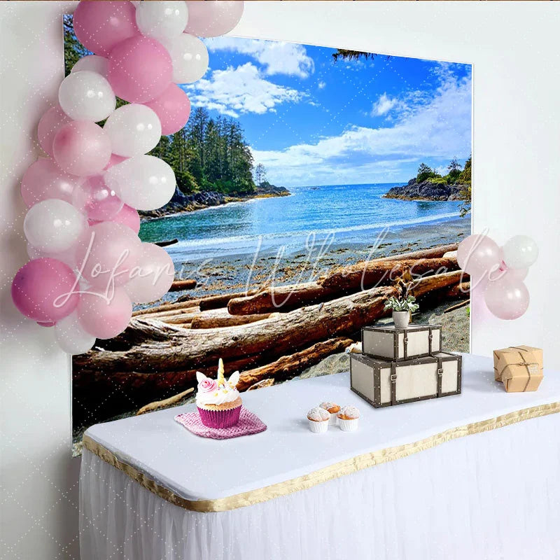 Lofaris Blue Ocean Beach Natural Scenery Photography Backdrop with Driftwood and Green Forest Summer Vacation Studio Background