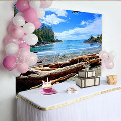 Lofaris Blue Ocean Beach Natural Scenery Photography Backdrop with Driftwood and Green Forest Summer Vacation Studio Background