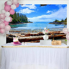 Lofaris Blue Ocean Beach Natural Scenery Photography Backdrop with Driftwood and Green Forest Summer Vacation Studio Background
