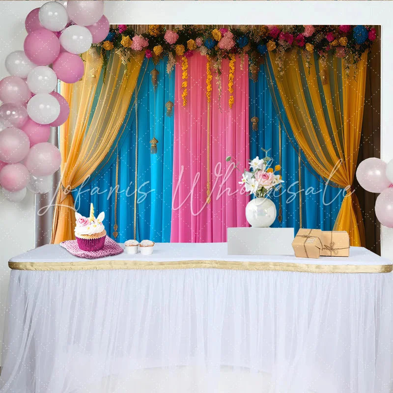 Lofaris Blue Pink Stage Backdrop Yellow Swag Curtains and Golden Tassels Floral Party Banner