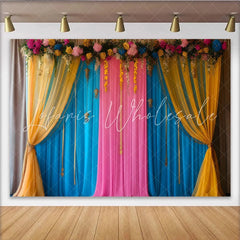 Lofaris Blue Pink Stage Backdrop Yellow Swag Curtains and Golden Tassels Floral Party Banner