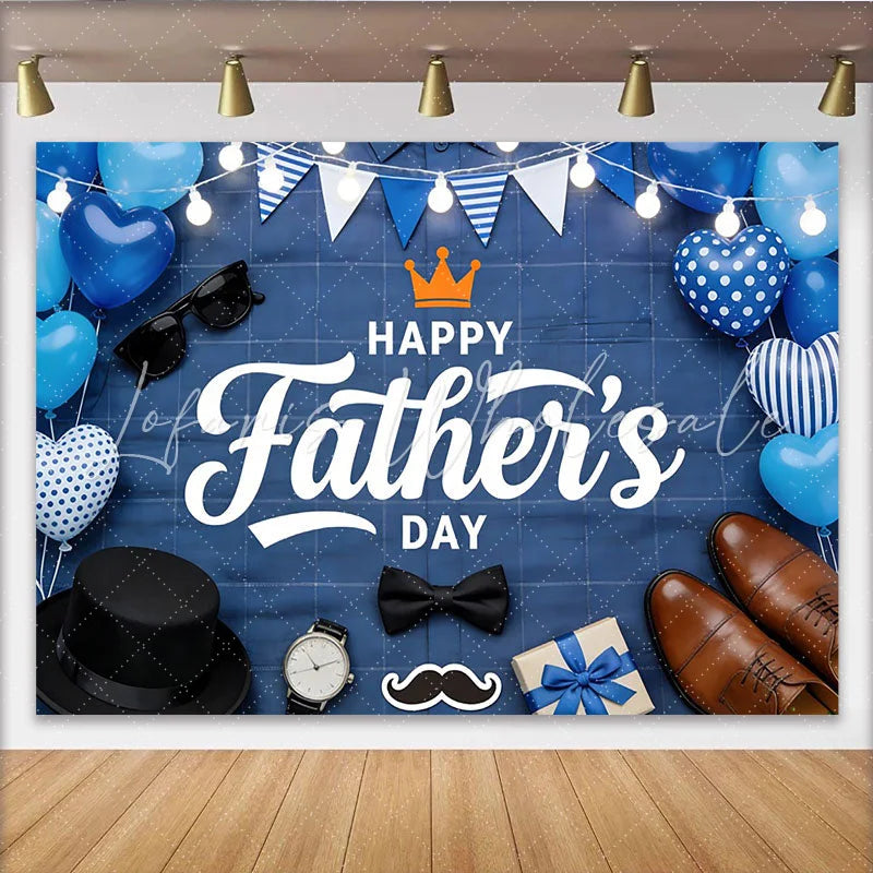 Lofaris Blue Plaid Father’s Day Backdrop with Balloons and Men’s Items Photo Background for Dad’s Celebration Party Decoration