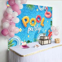 Lofaris Blue Pool Party Backdrop with Unicorn and Flamingo Floats Fun Summer Background for Celebration Photoshoot