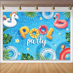 Lofaris Blue Pool Party Backdrop with Unicorn and Flamingo Floats Fun Summer Background for Celebration Photoshoot