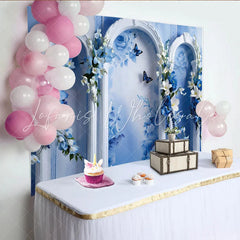 Lofaris Blue Rose Garden Fine Art Backdrop White Ornate Arch Photography Background