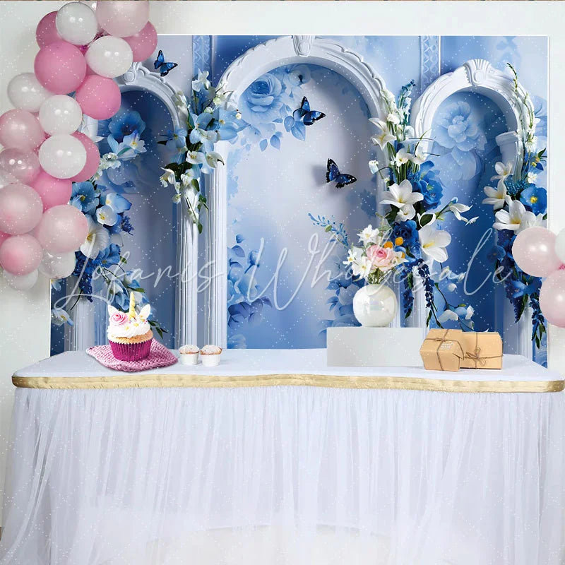 Lofaris Blue Rose Garden Fine Art Backdrop White Ornate Arch Photography Background