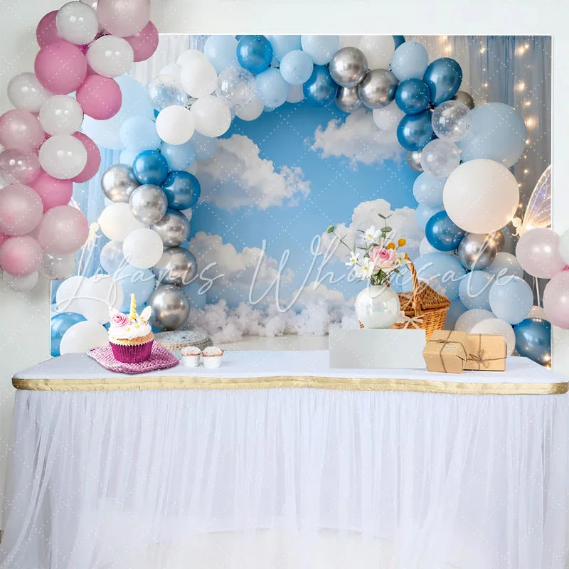 Lofaris Blue Silver Balloon Garland Sky Clouds Birthday Cake Smash Backdrop Butterfly Basket Boy Party Photography Decor
