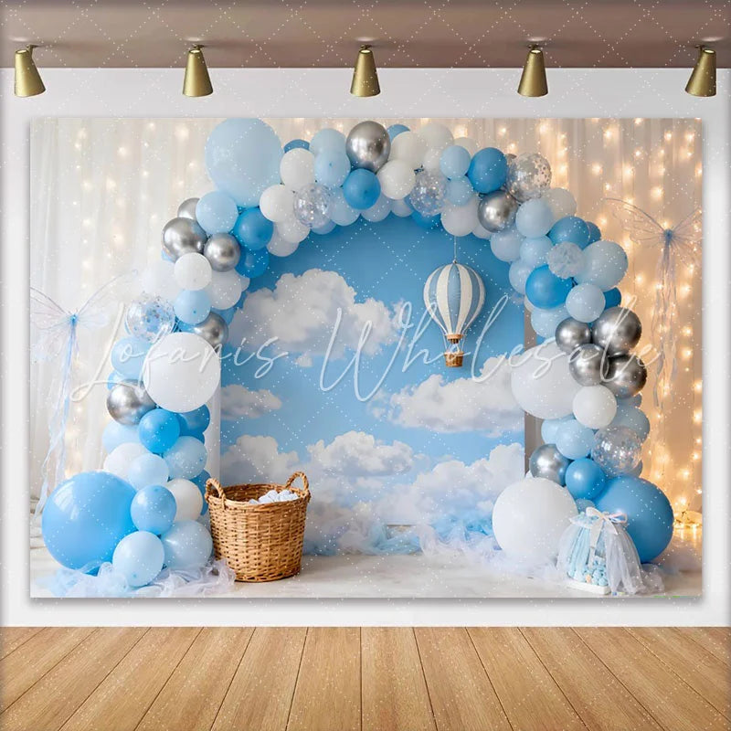 Lofaris Blue Silver Balloons Sky Clouds Birthday Cake Smash Backdrop Hot Air Balloon Boy 1st Party Photography Background Props