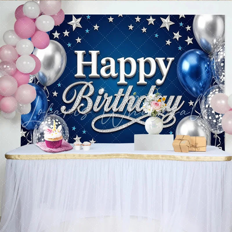 Lofaris Blue Silver Happy Birthday Backdrop with Glitter Text and Balloons Elegant Party Background for Men Boys and Photo Booth Props