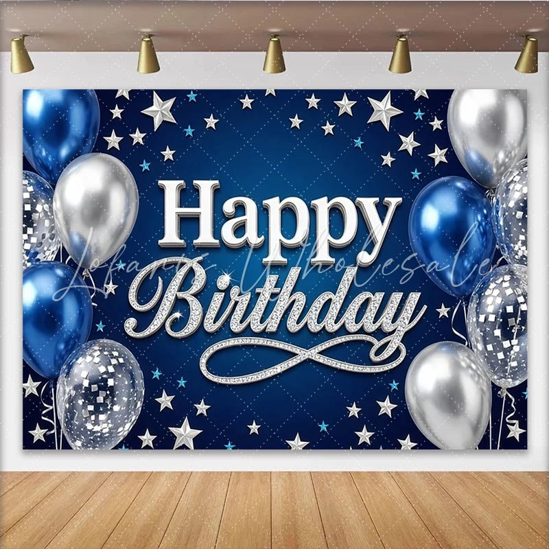 Lofaris Blue Silver Happy Birthday Backdrop with Glitter Text and Balloons Elegant Party Background for Men Boys and Photo Booth Props